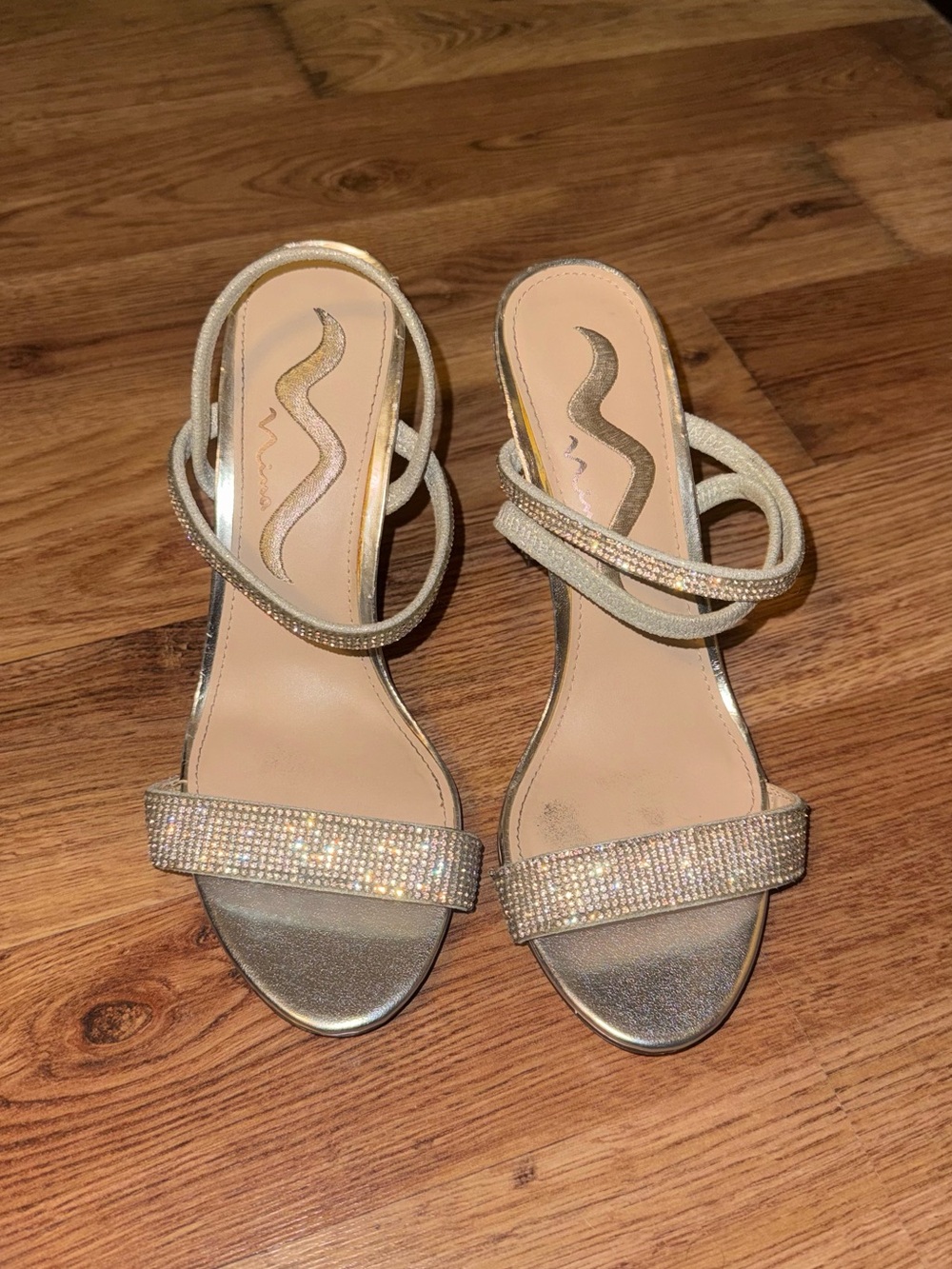 Nina Metallic Rhinestone Strappy Heels in silver